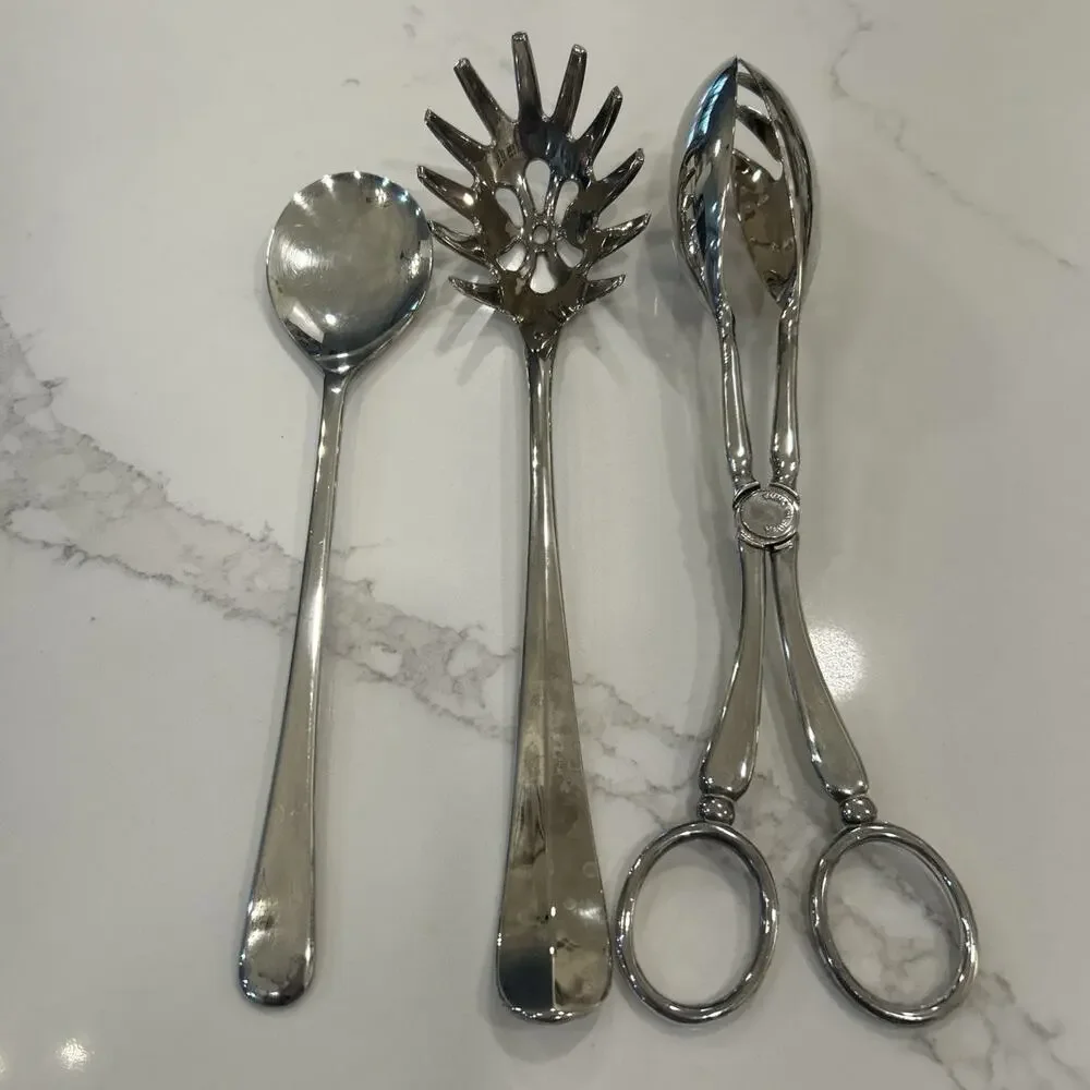 International Silver Silver Plated Set of 3 Serving Spoons‎ Salad Tongs